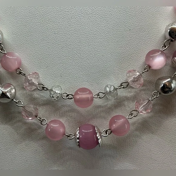 PALE PINK SILVERTONE LAYERED STRAND ADJUSTABLE CHOKER NECKLACE - Picture 2 of 2